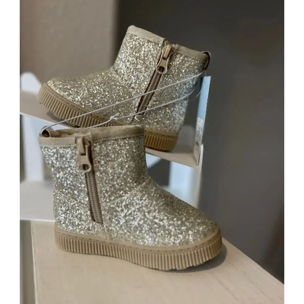 NWT Cat & Jack size 6 aToddler Girls' Arlo Zipper Shearling Boots - Gold glitter